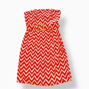 MILLY Strapless Red & White Zigzag Midi Dress w Stretch & Belted Waist